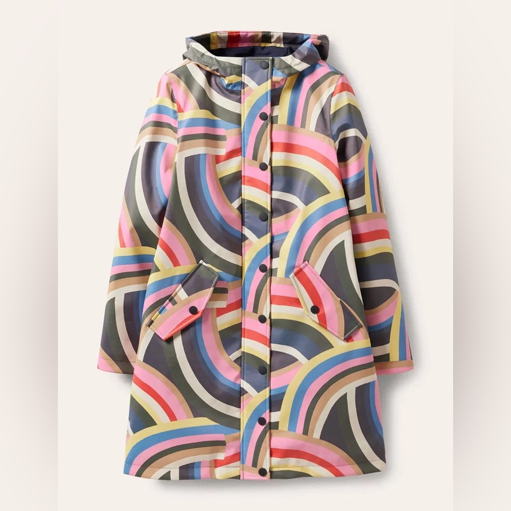 NWT- Boden Rainbow Arc Print Hooded Raincoat — Pink, Blue, Yellow, Green, Gray